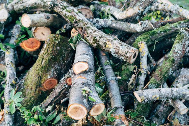 Tas de grumes et de branches coupées dans un sous-bois