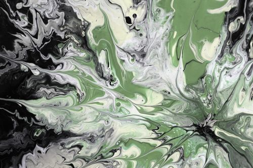 Free Captivating abstract painting with green, black, and white swirls in fluid art style. Stock Photo