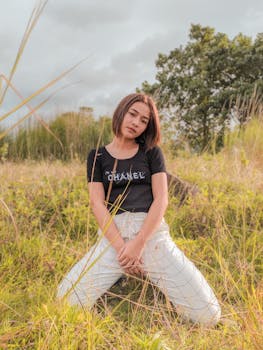 一位身着黑色上衣和白色裤子的时尚女性，在宁静的草地上自信地摆着姿势