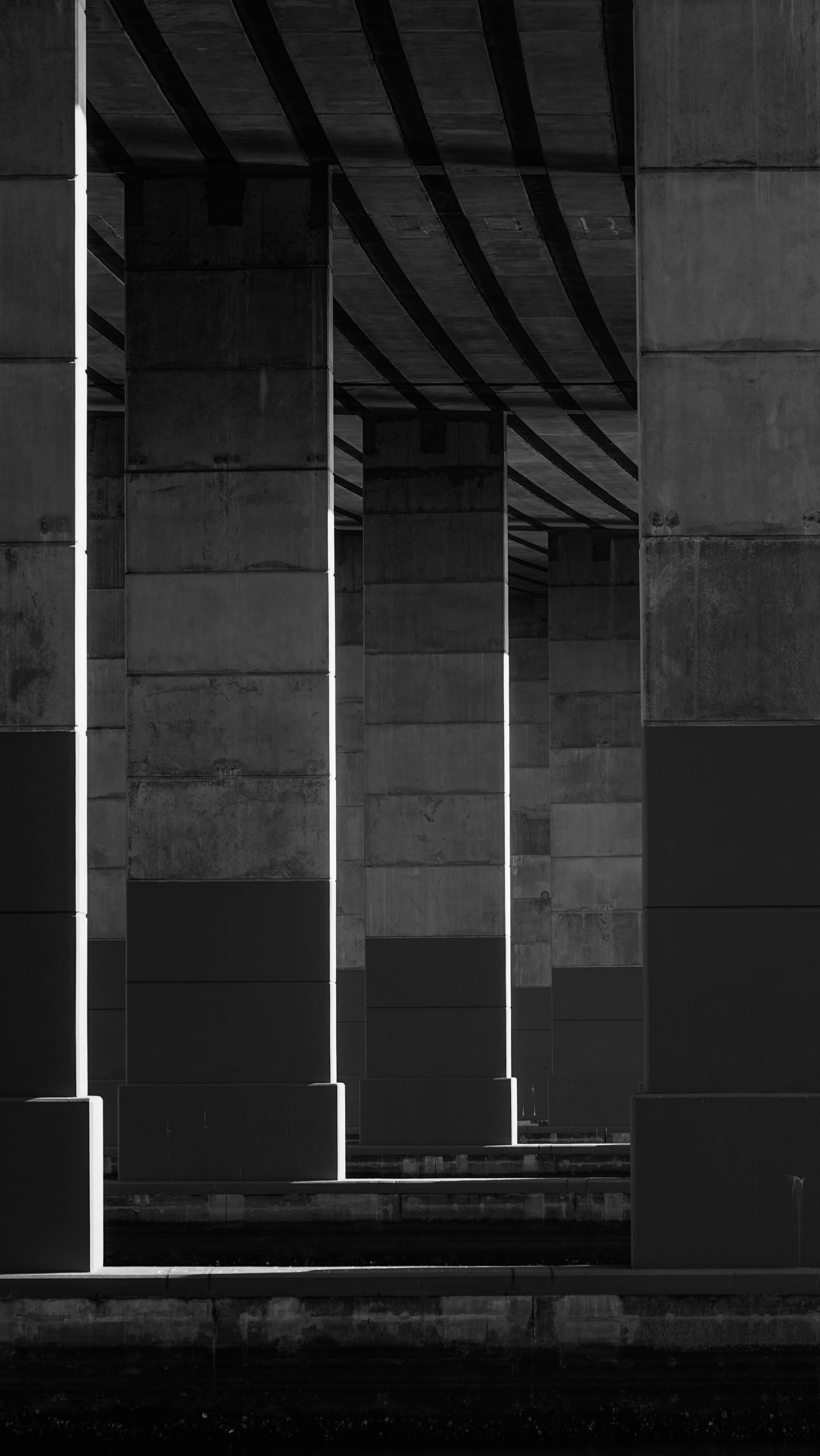 Gratuit Perspectivă abstractă alb-negru a stâlpilor de pod din beton, subliniind structura. Fotografie de stoc