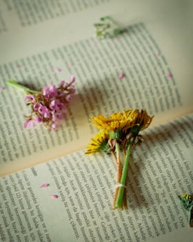 A serene composition of flowers delicately placed on an open book, evoking nostalgia and tranquility.