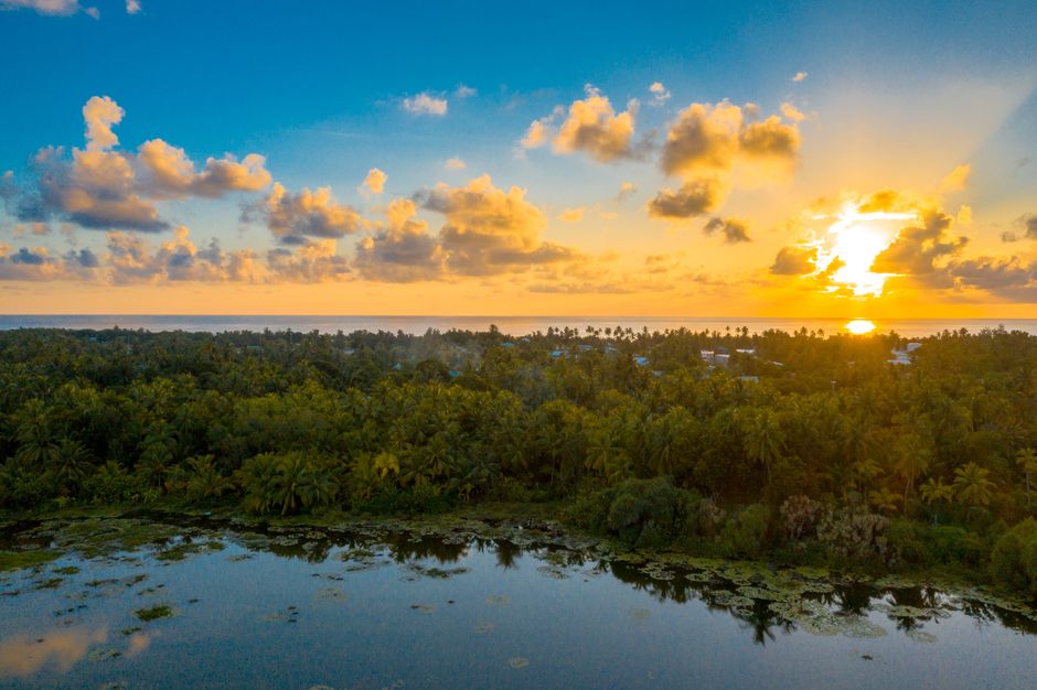 A breathtaking sunset over lush tropical foliage and reflective waters in Fuvahmulah, Maldives.