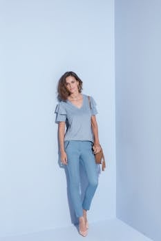 Woman in stylish blue outfit posing against a minimalist backdrop, offering fashion inspiration.