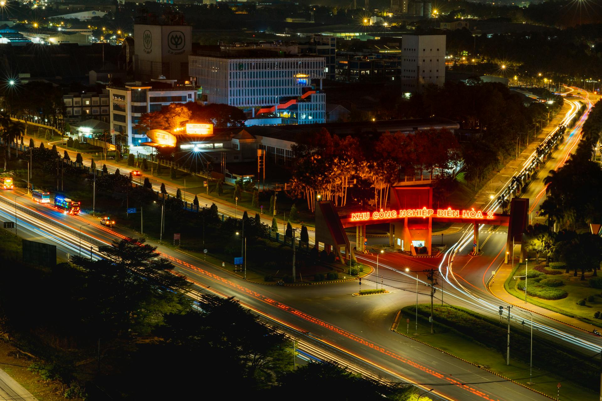 Aerial night view of Bien Hoa Industrial Park in Dong Nai, Vietnam, showcasing vibrant city lights.