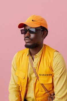 Portrait of a stylish man in yellow attire and sunglasses on a pink background.