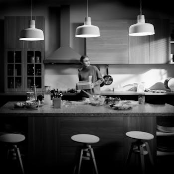 Stylish black and white kitchen interior featuring a woman preparing a meal in Jakarta.