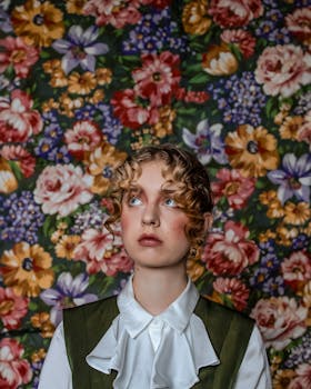 A woman with curly hair poses against a colorful floral backdrop, wearing a green vest.