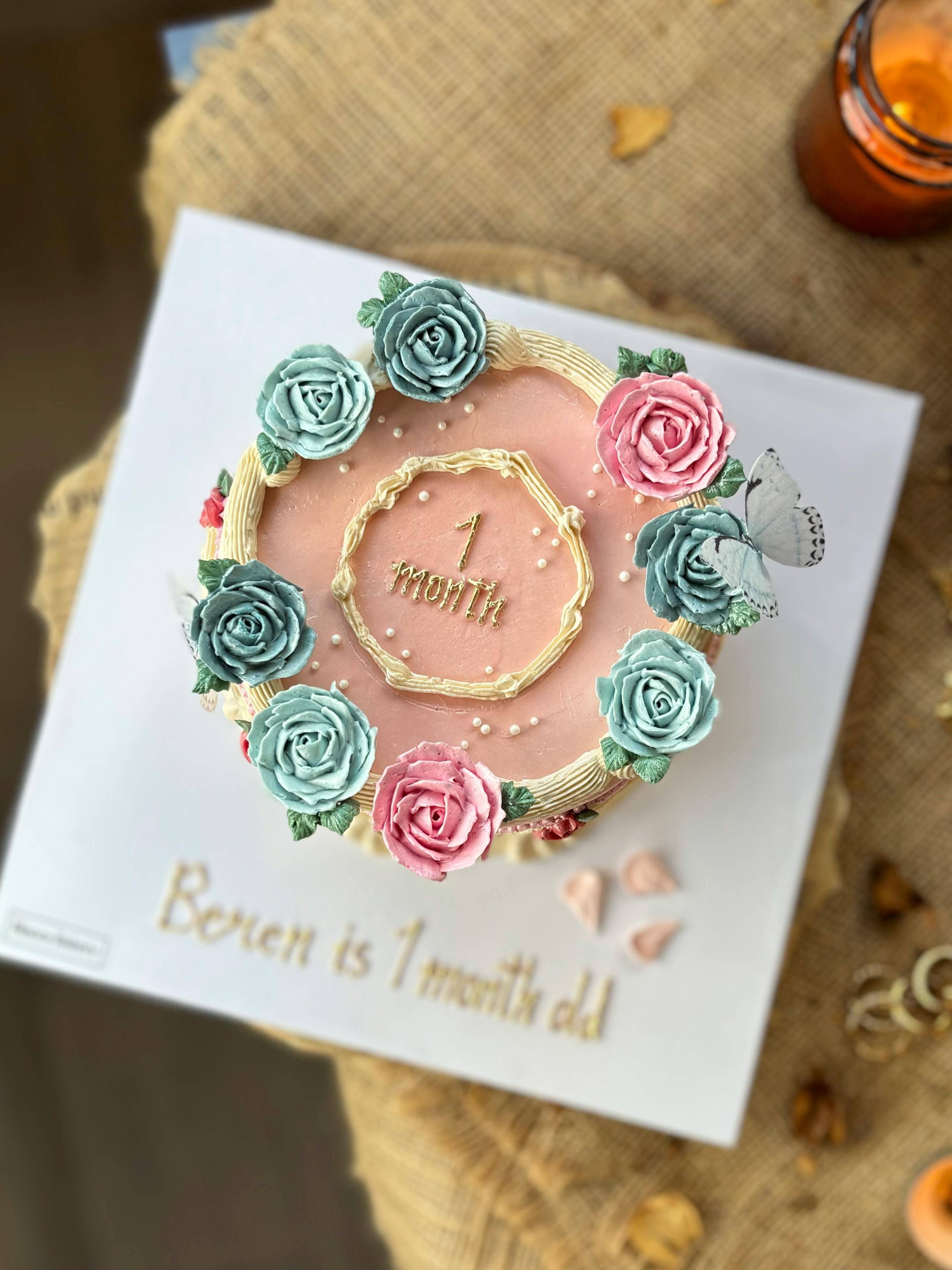 Elegant Floral Baby Milestone Cake Top View
