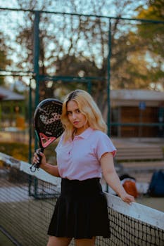 Young woman posing confidently on a padel court with a racket, ready for a game.