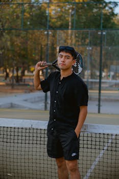 Confident young man with tennis racket posing at an outdoor tennis court.