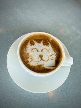 Kočkobot při ranní kávě - nezbytný rituál před začátkem programování