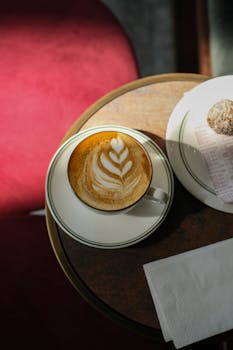 Top-down view of a latte with intricate foam art in an Istanbul cafe, sunlight casting soft shadows.
