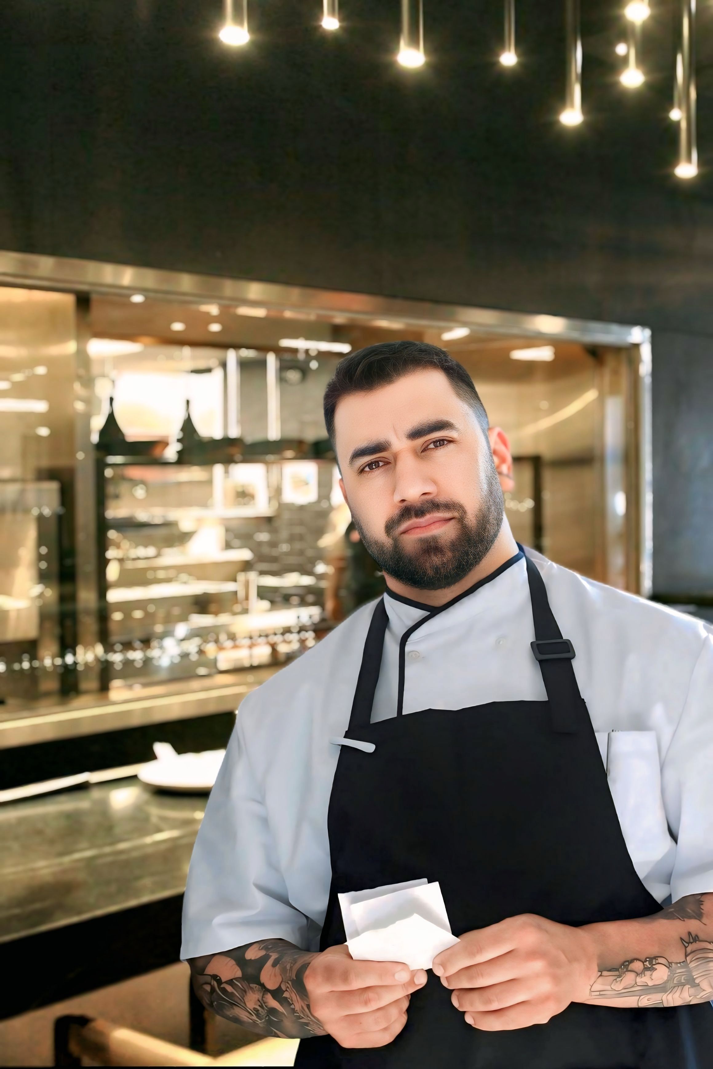 Chef professionnel en cuisine portant un tablier occidental à bavette blanche