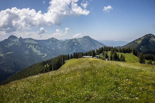 Free Panoramic view of alpine mountains and lush green meadows under a bright blue sky with scattered clouds. Stock Photo
