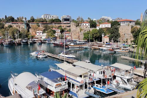 Free Explore the vibrant old town harbor in Antalya, Turkey, full of yachts and historic charm. Stock Photo