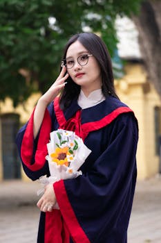 Young woman in graduation attire holding a bouquet, standing outdoors with a confident pose.