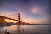 在日落时分，于平静的旧金山湾欣赏金门大桥的壮丽景色