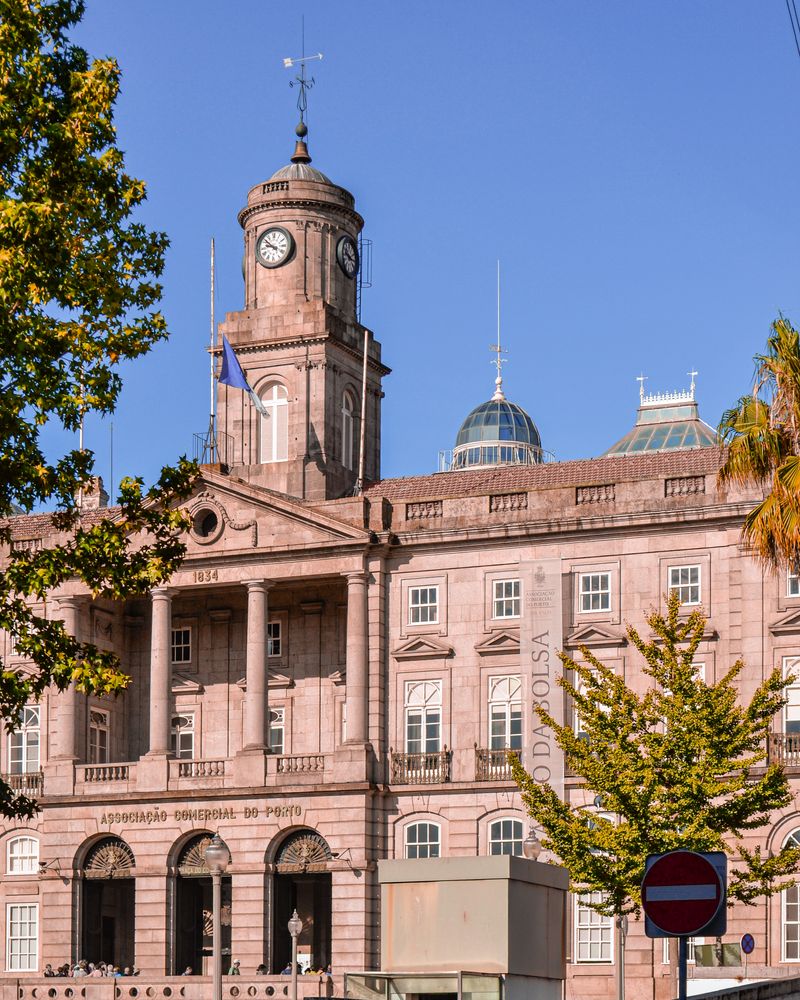 Facade and clock tower of the Bolsa Palace in Porto