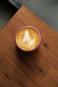 Close-up of a beautifully crafted latte with latte art on a wooden table in a cafe, Istanbul.