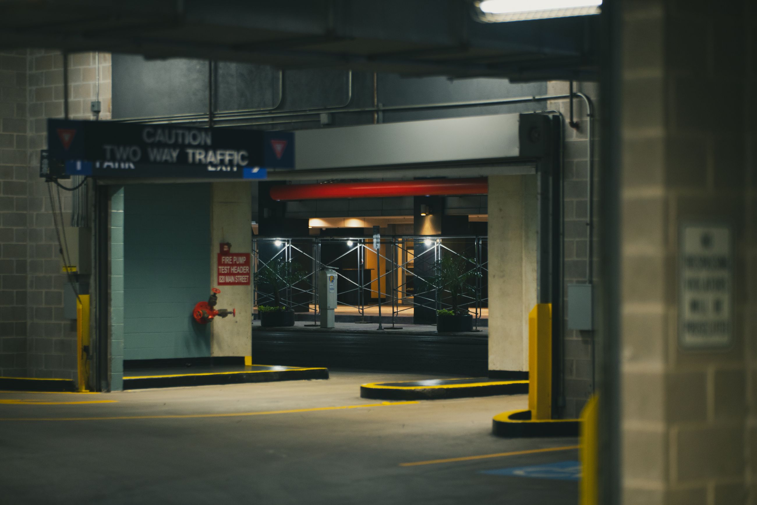 Urban parking structure at night