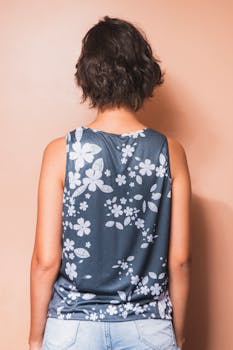 Person with short hair wearing floral top faces wall, creating a serene mood.