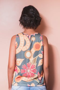 A woman in a colorful boho sleeveless top stands against a peach background, showcasing vibrant designs.