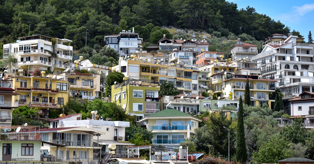 Vibrant hillside houses nestled in a lush coastal village landscape.
