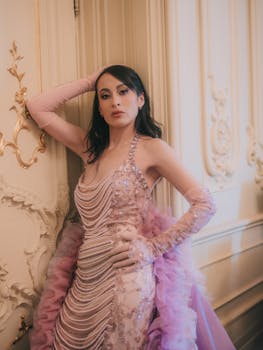 Fashion model poses gracefully in an ornate interior wearing a pink couture gown.