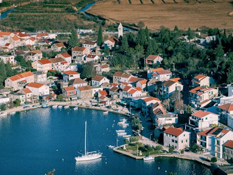 Scenic aerial view of Rogotin village in Dubrovnik-Neretva, Croatia, along the coast.