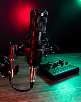Dynamic studio microphone on desk with vibrant RGB lighting setup for recording.