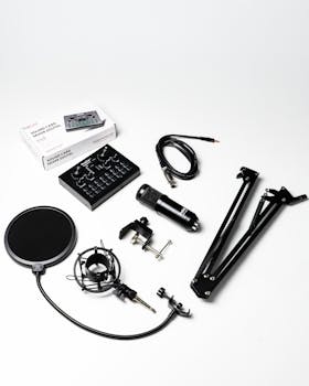 Complete professional recording studio setup with microphone, mixer, pop filter, and arm stand.