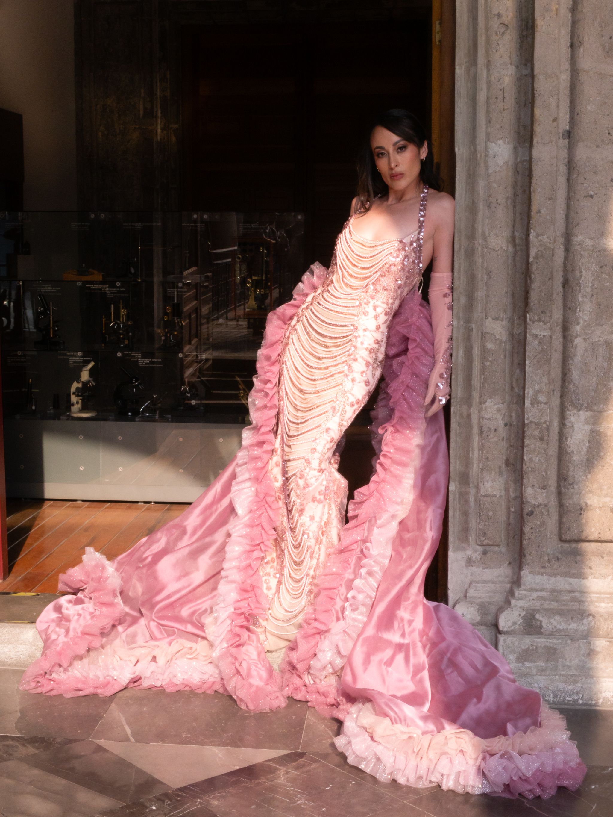 Elegant Woman in Pink Gown at Historic Mexican Mansion  Free Stock Photo