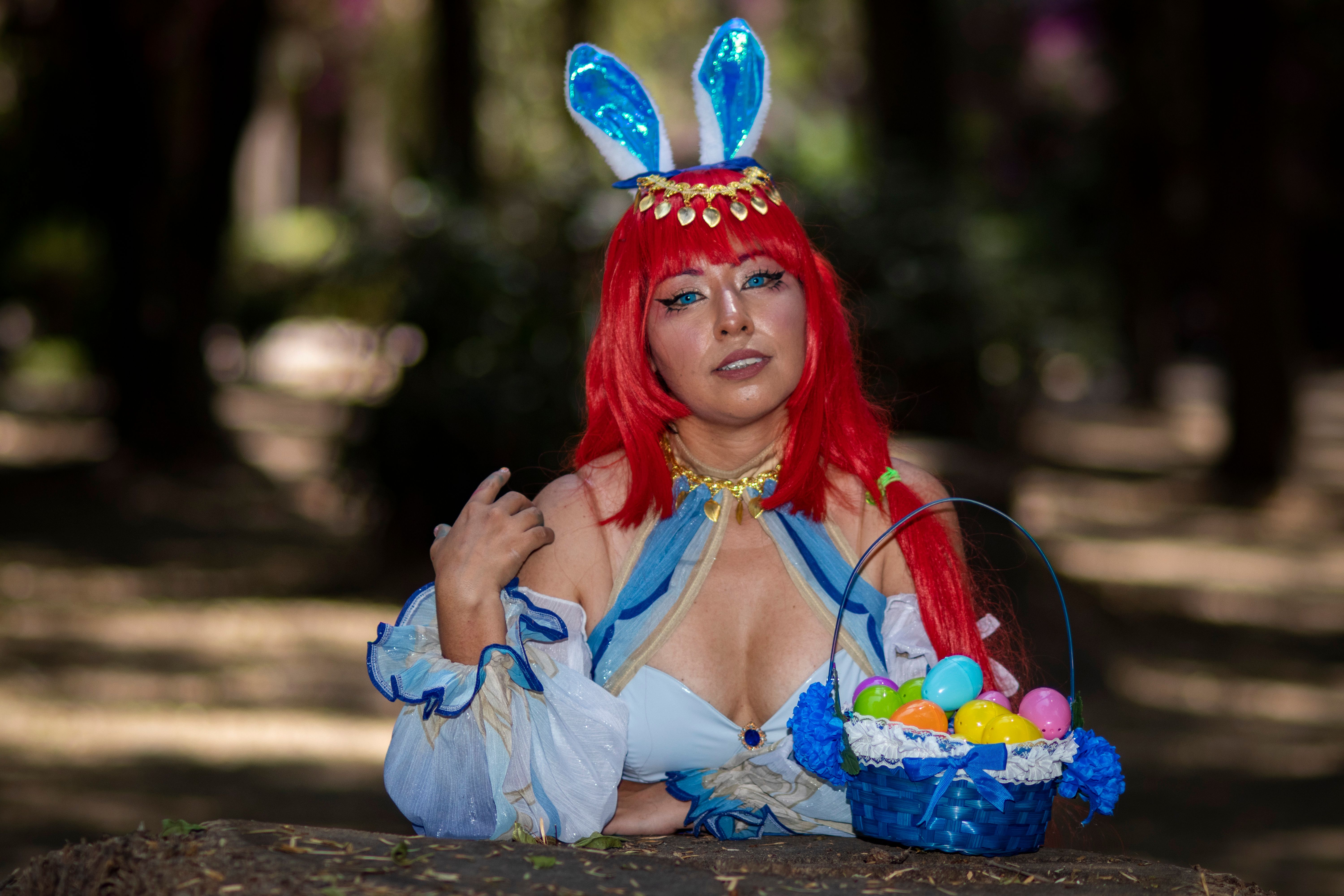 Cosplay Character with Easter Basket in Park