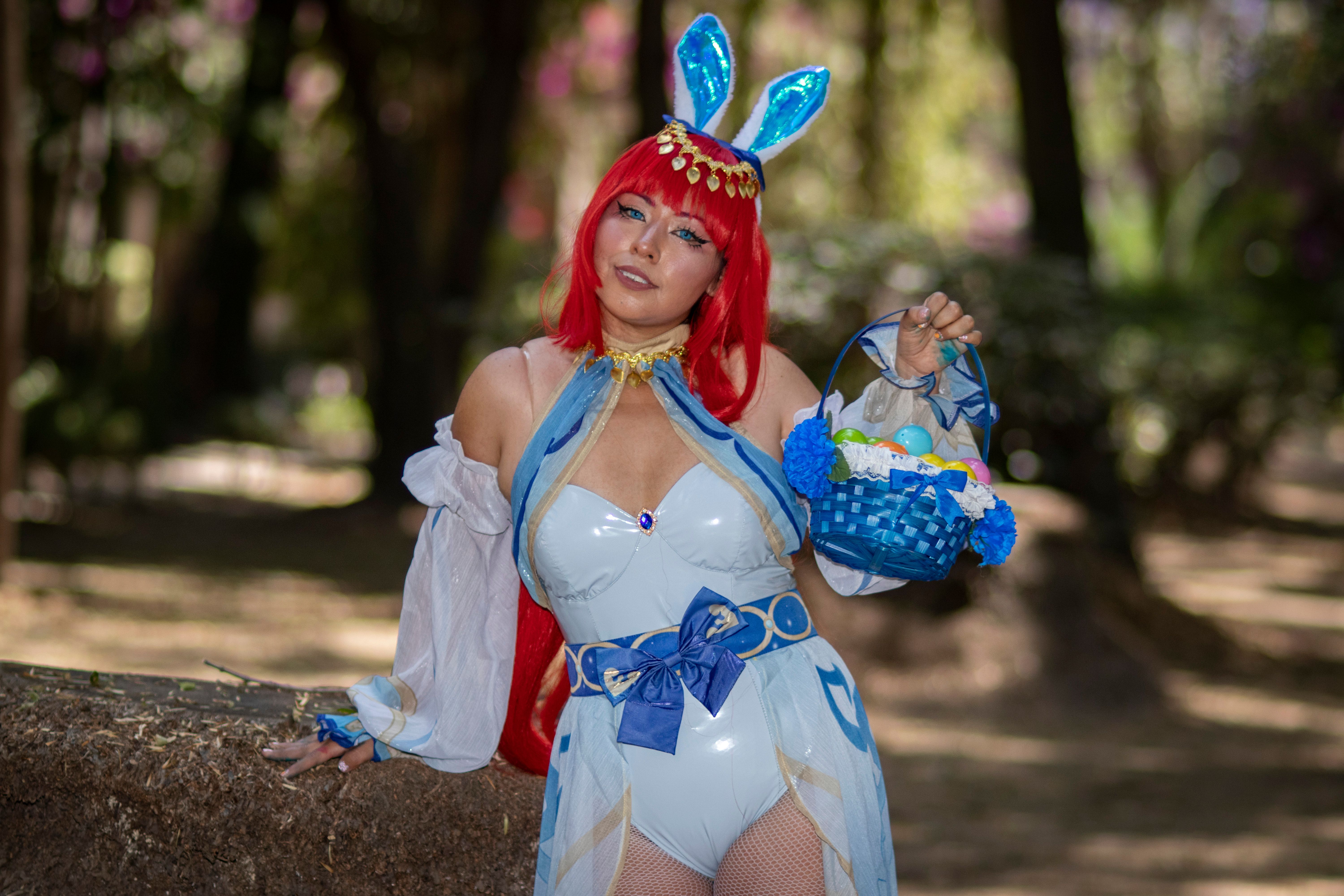 Cosplayer in Fantasy Costume with Basket Outdoors