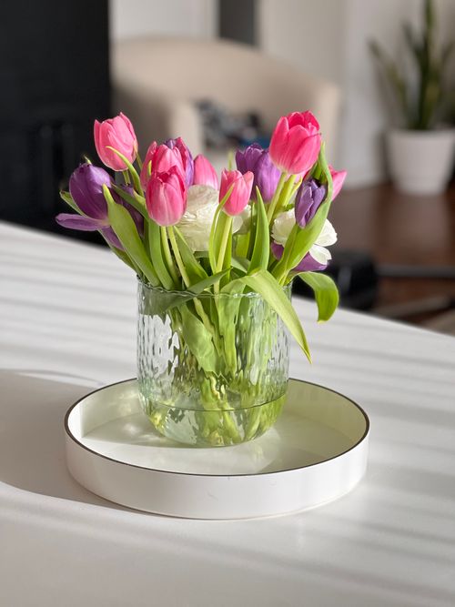 Free A colorful assortment of tulips in a glass vase, bathed in natural light indoors. Stock Photo