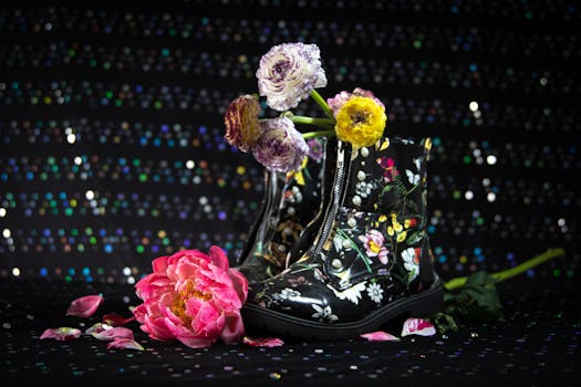 在闪闪发光的背景下，一双时尚的黑色靴子装饰着花卉图案和五颜六色的花朵