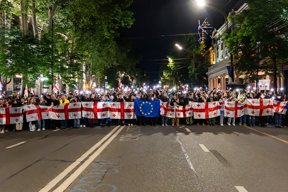 A large nighttime protest in Tbilisi with people holding Georgian and EU flags.