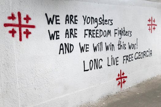 Graffiti in Tbilisi promoting youth activism and freedom with Georgian symbols.