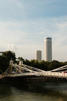 View of Anderson Bridge and skyline in Singapore, showcasing modern architecture.