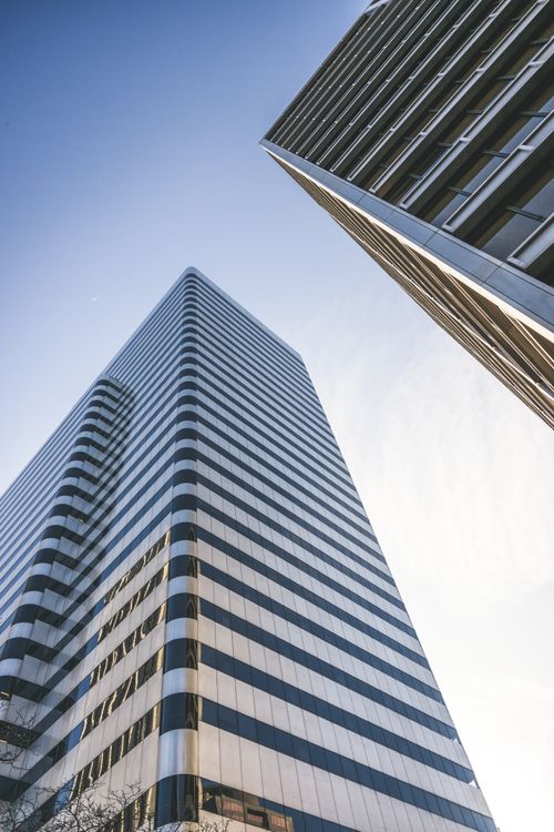 Free Striking view of modern skyscrapers against a clear sky in Portland, Oregon. Stock Photo
