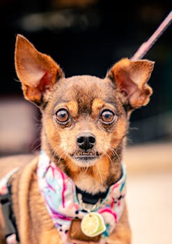 Close-up portrait of an adorable Chihuahua wearing a colorful bandana on a leash.