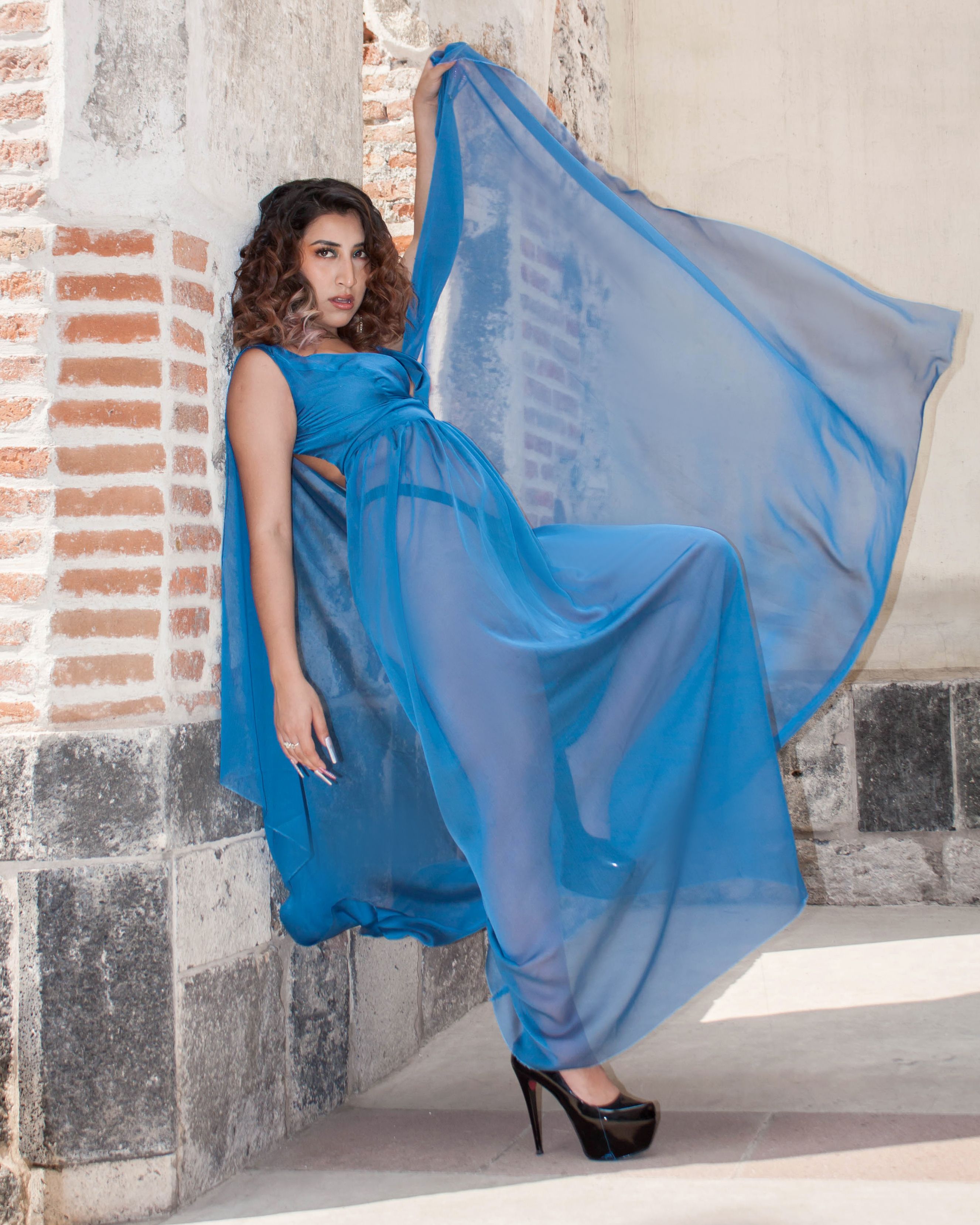 Elegant Woman in Flowing Blue Gown Posing Outdoors · Free Stock Photo