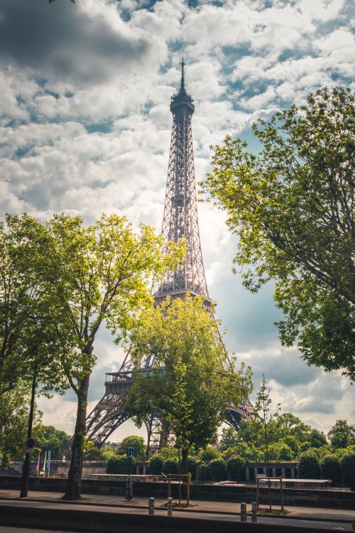 Free A stunning view of the Eiffel Tower framed by lush greenery under a bright, cloudy sky in Paris. Stock Photo