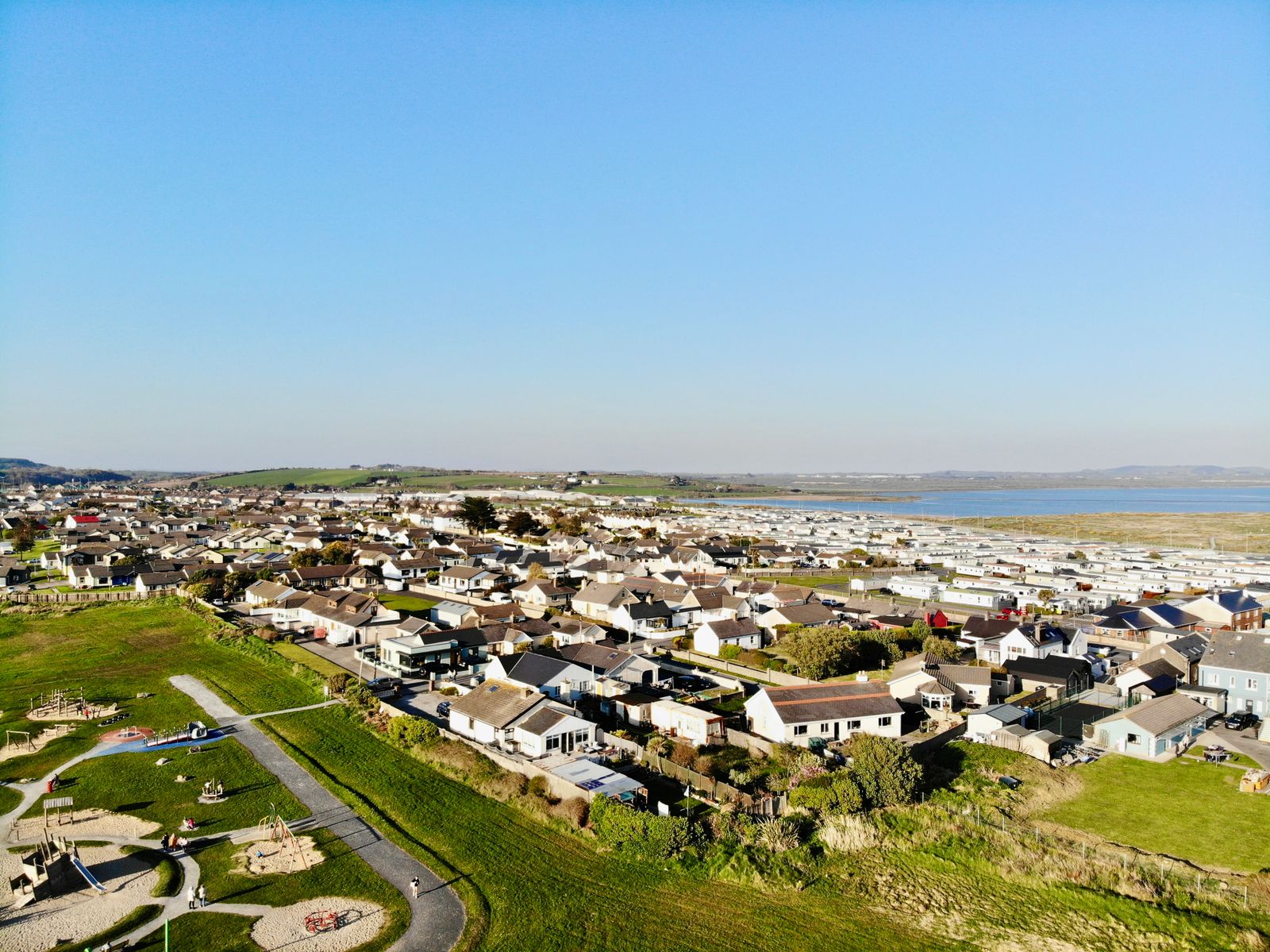 Aerial view of Tramore, County Waterford, Ireland, showcasing residential area and coastline