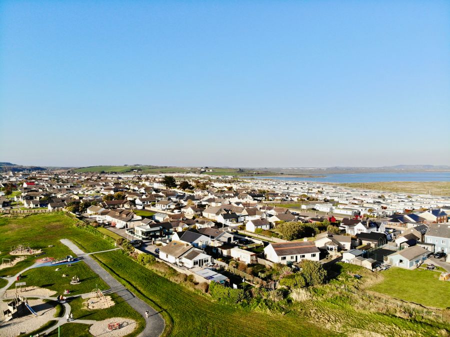 Aerial view of Tramore, County Waterford, Ireland, showcasing residential area and coastline