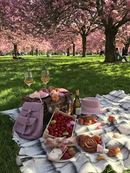 Charming spring picnic with wine, pastries, and cherry blossoms in full bloom.