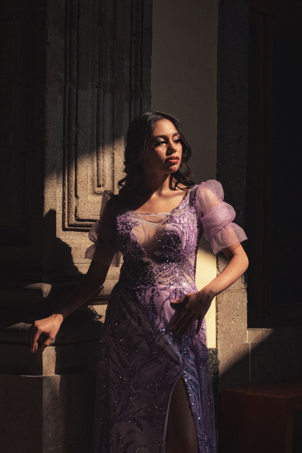 Elegant Woman in Sparkling Purple Dress · Free Stock Photo