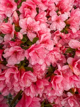 Close-up of vibrant pink azaleas covered in raindrops, showcasing nature's beauty.