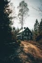 宁静的森林小径旁，高大的树木环绕着迷人的乡村房屋