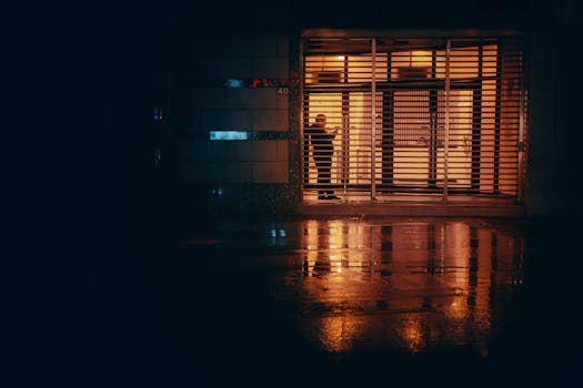 Silhouette of a person behind a lattice at night with warm lighting and wet reflections.